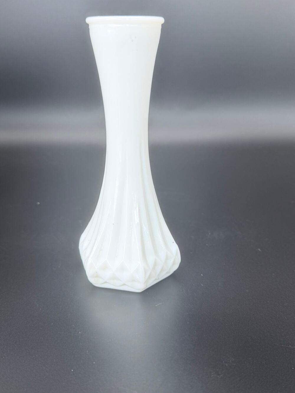 Vintage Hoosier Glass 4063-C White Milk Glass 6” Ribbed Diamond Bud Vase